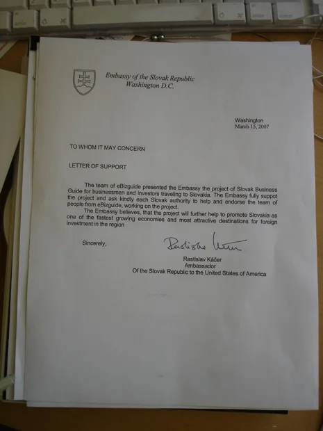 Ambassador of Slovakia in Washington — Opening Letter