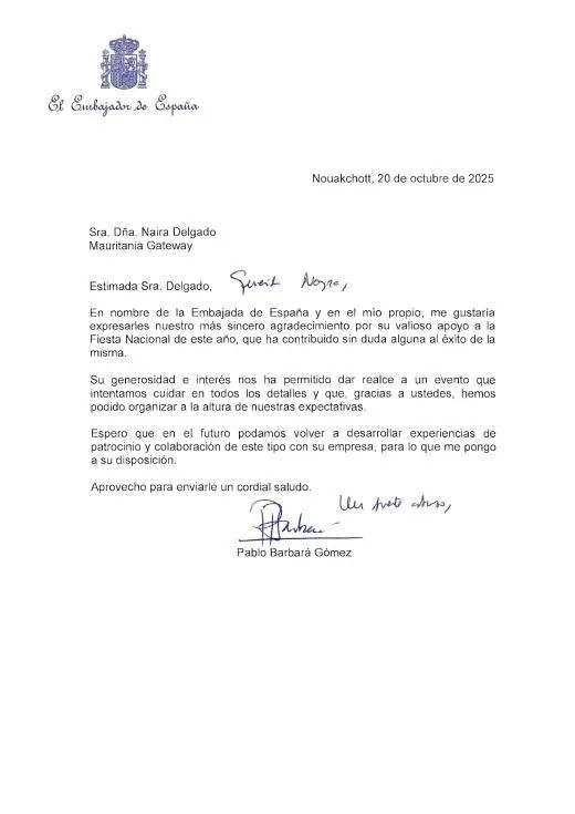 Embassy of Spain — Letter of Thanks