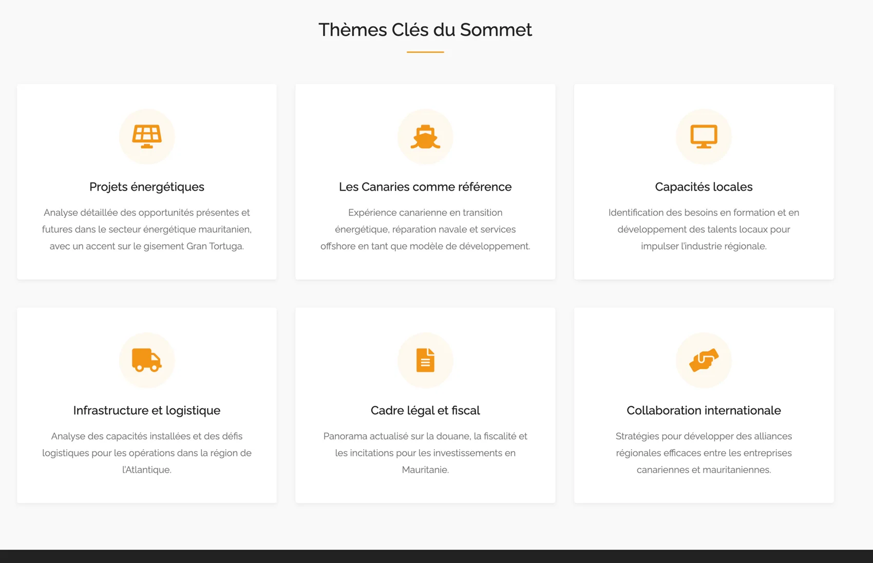 Summit programme themes laid out as icon cards