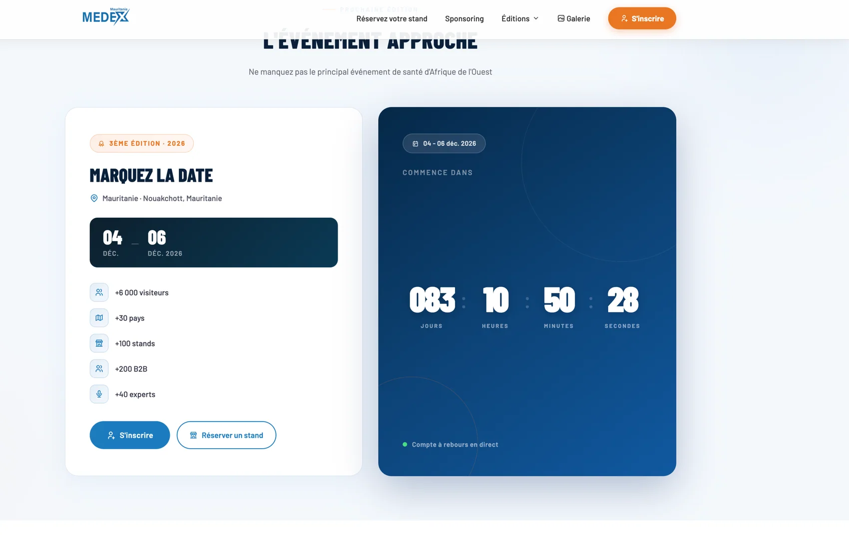Save-the-date panel with live countdown and key figures