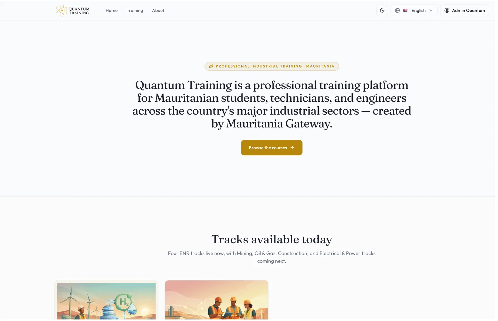 Quantum Training homepage: an AI-driven industrial training platform for Mauritania